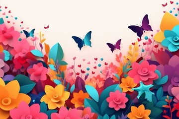 Obraz na płótnie Canvas Colorful flowers, butterflies. Background for spring and summer. Banner shape. Generative AI