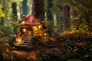 Miniature fairy house in amanita muscaria mushroom. Fairy tale mushroom house in the middle of a magical forest © B-design