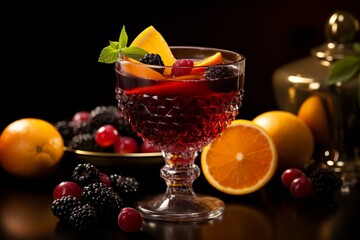 A fruity and refreshing mixed drink with various fruits soaked in red wine. Generative AI - obrazy, fototapety, plakaty