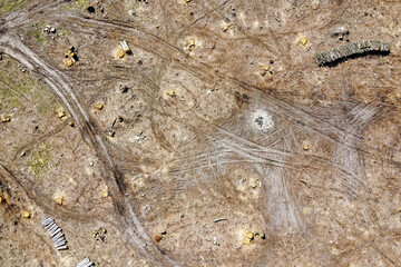 Logging place, aerial view. Devastated land. Felled forest.