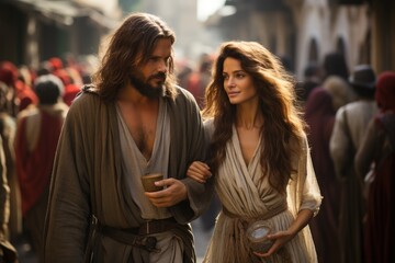 Jesus Christ and the girl Mary on a journey to Bethlehem, love romance and family traditional values - obrazy, fototapety, plakaty