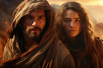 Jesus Christ and the girl Mary on a journey to Bethlehem, love romance and family traditional values
