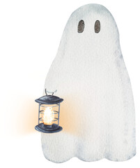 Hand drawn watercolor illustration of a cute litle ghost with a lantern. Isolated on a white background, not AI. For Halloween and children design.