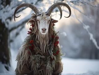 Decorated Yule goat adorned with festive foliage and berries in snow. New Year and Pagan Christmas fantasy concept. Design for greeting cards, wallpaper, banner