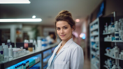 Portrait of smiling female pharmacist standing in pharmacy and looking at camera. AI generated