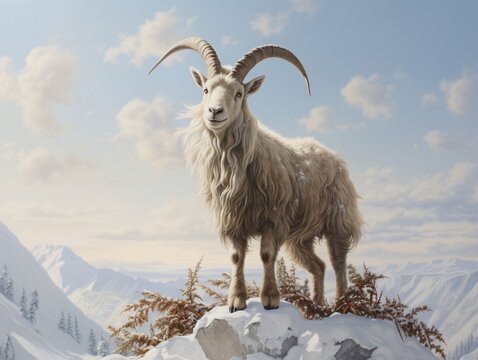 Majestic goat standing atop snowy peak. Winter holidays atmosphere. New Year and Christmas.  Suitable for festive cards and invitations