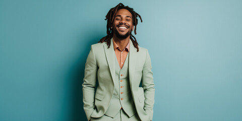 Smiling african american man in green suit on blue background. AI generation - obrazy, fototapety, plakaty