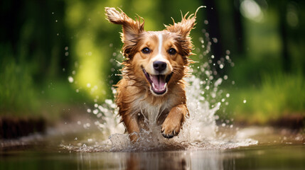 Portrait of a dog running on water.  Generative AI