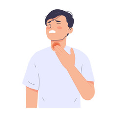 Man has a cold and has a sore throat. Modern trendy style. Hand drawn vector character illustration. Isolated on white background. 
