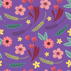 Fototapeta na wymiar Seamless pattern of colorful flower, green leaves purple background, Vintage floral background, Pattern for design wallpaper, gift wrap paper and fashion prints.