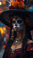 lady in makeup and costume for halloween and day of the dead