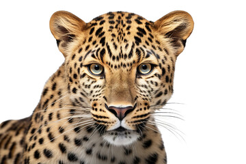Close-up portrait of leopard white background