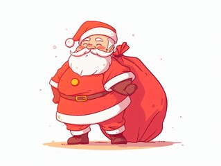 Jolly Santa Claus with big bag. Christmas and New Year festive spirit. Cartoon cute illustration on white background. Design for greeting card, print - obrazy, fototapety, plakaty