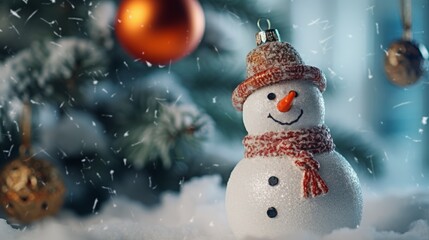 Fototapeta premium snowman on a christmas tree close up