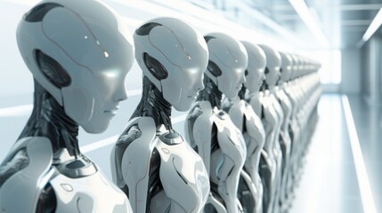 a group of robot humanoid in future factory