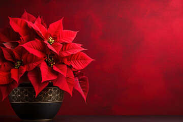 minimalistic red background with poinsettia Christmas star, top view with empty copy space