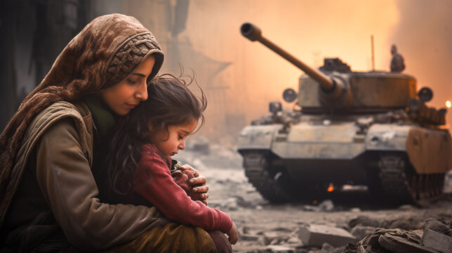 War victim mother and child suffering in front of a tank. Conflict between two countries. Poor refugees. 