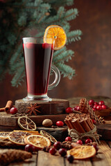 Hot Christmas drink with spices, dried citrus, and cranberries.