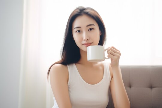 Young Asian woman drinking a cup of tea coffee at home
