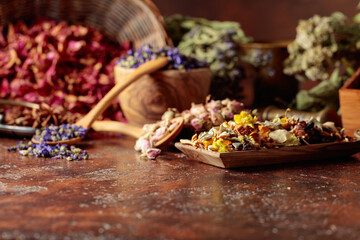  Various dried medicinal plants on a brown background.