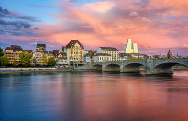 Naklejka premium Basel city on dramatic sunset, Switzerland