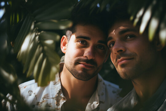 Generative AI photo portrait of male friends lgbt models couple photographing together in summer forest