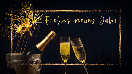 Frohes neues Jahr 2024, Feiertags Grußkarte mit Text - Goldener Rahmen, Champagner- oder...