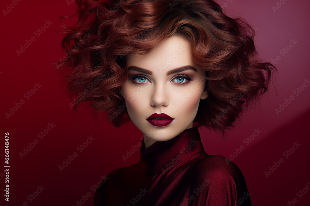 Wall mural generative ai portrait picture of beautiful glamorous luxury make up fashion model girl over red mar - Wall murals