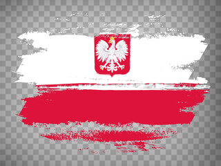 Flag Republic of Poland, brush stroke background.  Flag Poland with Coat of arms on tranparent backrgound for your web site design, logo, app, UI.  EPS10.