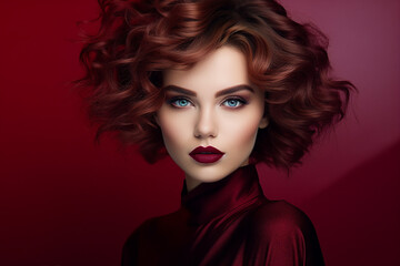 Fototapeta premium Generative AI portrait picture of beautiful glamorous luxury make up fashion model girl over red maroon background