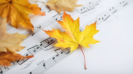 musical notes and yellow maple leaf on abstract white wooden nable. Autumn background. Generative Ai