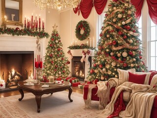 festive christmas house interior, christmas tree, sofa, fireplace, holiday home, adorned, christmas spirit