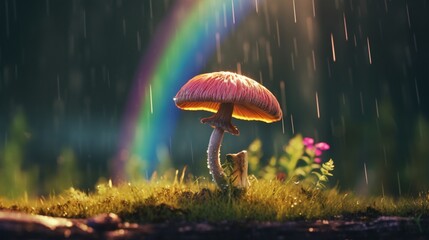 an inhabitant of a mushroom plant jumping under the.Generative AI - obrazy, fototapety, plakaty