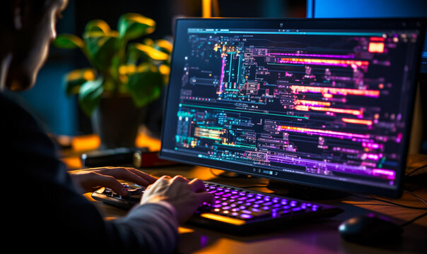 Programmer working on their professional development types on a laptop computer keyboard. Coding Language User Interface on Screens. Development of software and coding, ChatGPT AI and webdesign