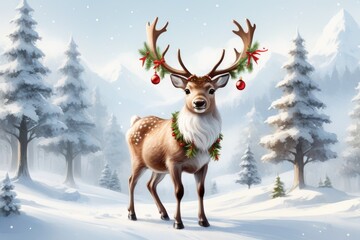 Majestic Deer with Antlers Amidst Snowy Forest