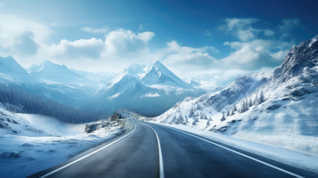 A winding mountain road with a backdrop of towering,  snow-covered peaks