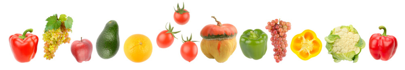 Fresh cut fruits and vegetables with light reflection isolated on white