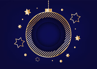 Gold christmas ball with star on blue background, Abstract festival circle frame graphic vector