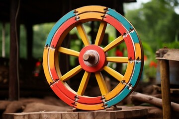 Colorful wooden wheel of coffee ox-cart. Generative AI