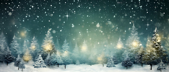 Christmas glowing lantern stands on snowy ground against bokeh of holiday lights, view from ground plane, romantic landscape, copy space.