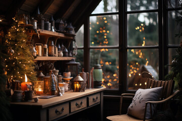 Fototapeta na wymiar Christmas Scene Cottage Illuminated Indoor Generative ai