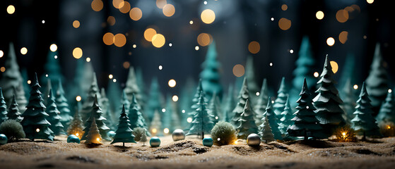 Christmas glowing lantern stands on snowy ground against bokeh of holiday lights, view from ground...