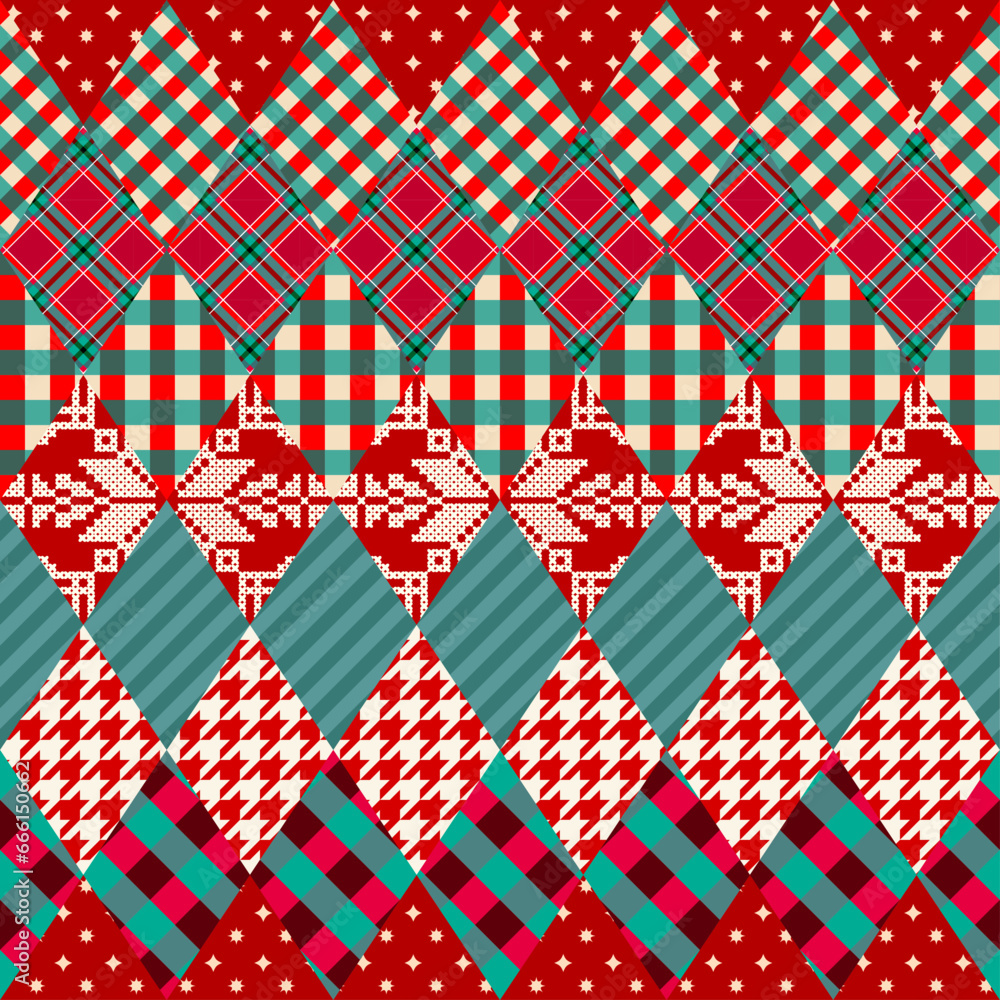 Aufkleber patchwork textile pattern. seamless quilting design background. merry christmas cozy pattern.
