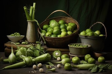 Green fruits and vegetables artistically arranged on a dark background.