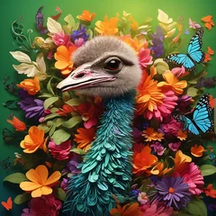 Poster Vibrantly Surreal Emu Closeup A Hyperrealistic Floral Explosion,There is a picture of an ostrich  © Yasir