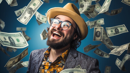 An ecstatic man with glasses and hat looks up as banknotes float around him against a blue background, evoking a feeling of financial euphoria.