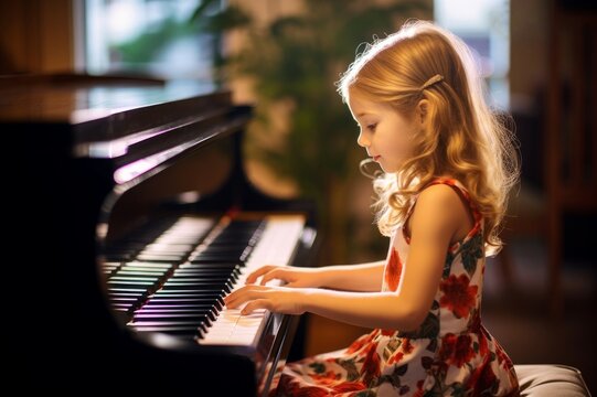 Rhythmic Girl plays piano in light. Kid play. Fictional person. Generate Ai