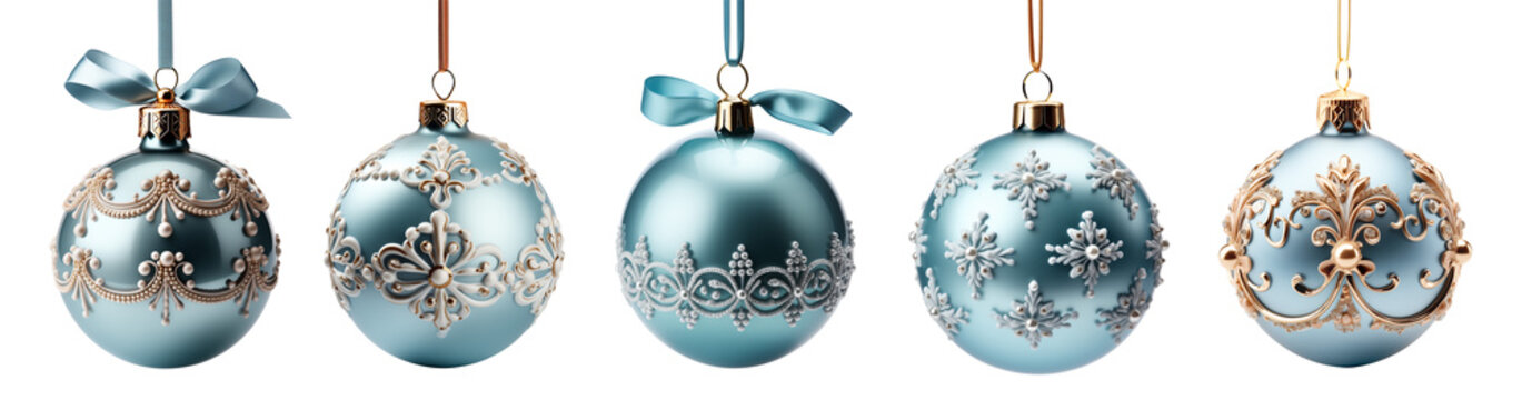 Set of Beautifully Decorative Light Blue Christmas Tree Ornaments Isolated. Generative AI. Transparent PNG.