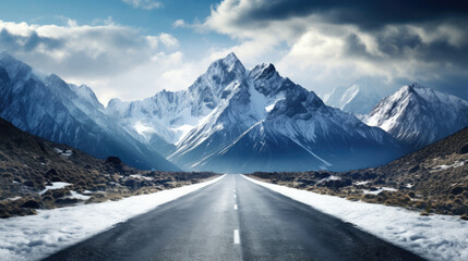A serpentine mountain road with towering,  snow-capped peaks - obrazy, fototapety, plakaty
