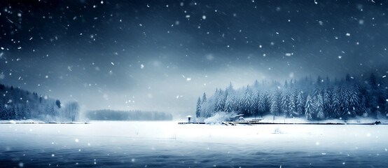 Naklejka premium Christmas glowing lantern stands on snowy ground against bokeh of holiday lights, view from ground plane, romantic landscape, copy space.